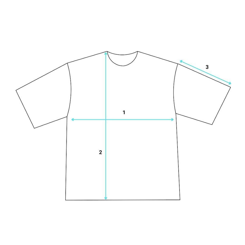 T-shirt measurement diagram showing chest width (1), body length (2), and sleeve length (3)
